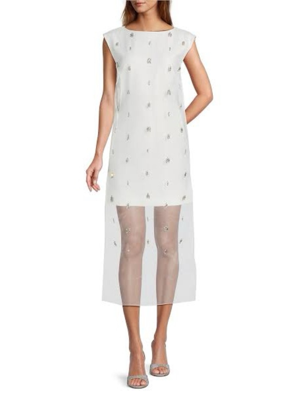 Antonio Melani Khole Sheer Jeweled Organza Boat Neck Shift Dress | Ivory |Size 6
